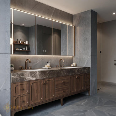 60''-96'' Double Bathroom Vanity with Sink Mid-Century Modern Dark Walnut Solid Base