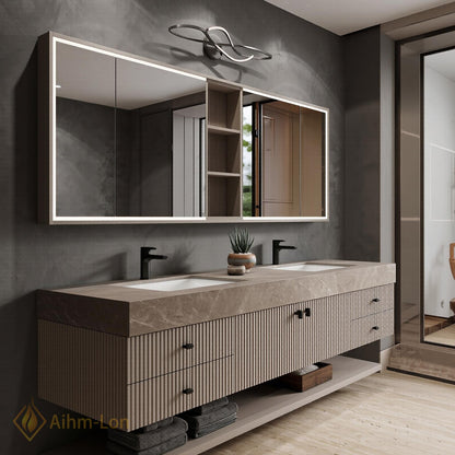60''-96'' Sleek Floating Bathroom Vanity with Sink Fluted Vertical Panels Marble-Textured Countertop