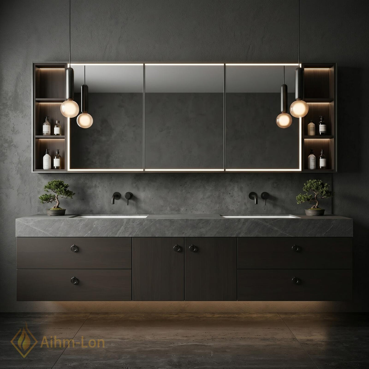 60''-96'' Double Bathroom Vanity with Sink Modern Floating Walnut Slatted Finish Dark