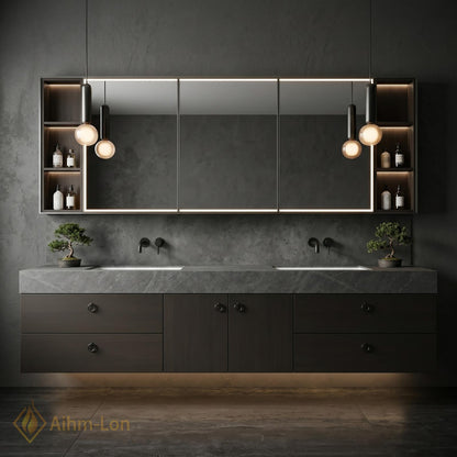 60''-96'' Double Bathroom Vanity with Sink Modern Floating Walnut Slatted Finish Dark