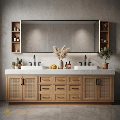 78''-96'' Double Bathroom Vanity with Sink Modern Solid Wood Cane Mesh Storage