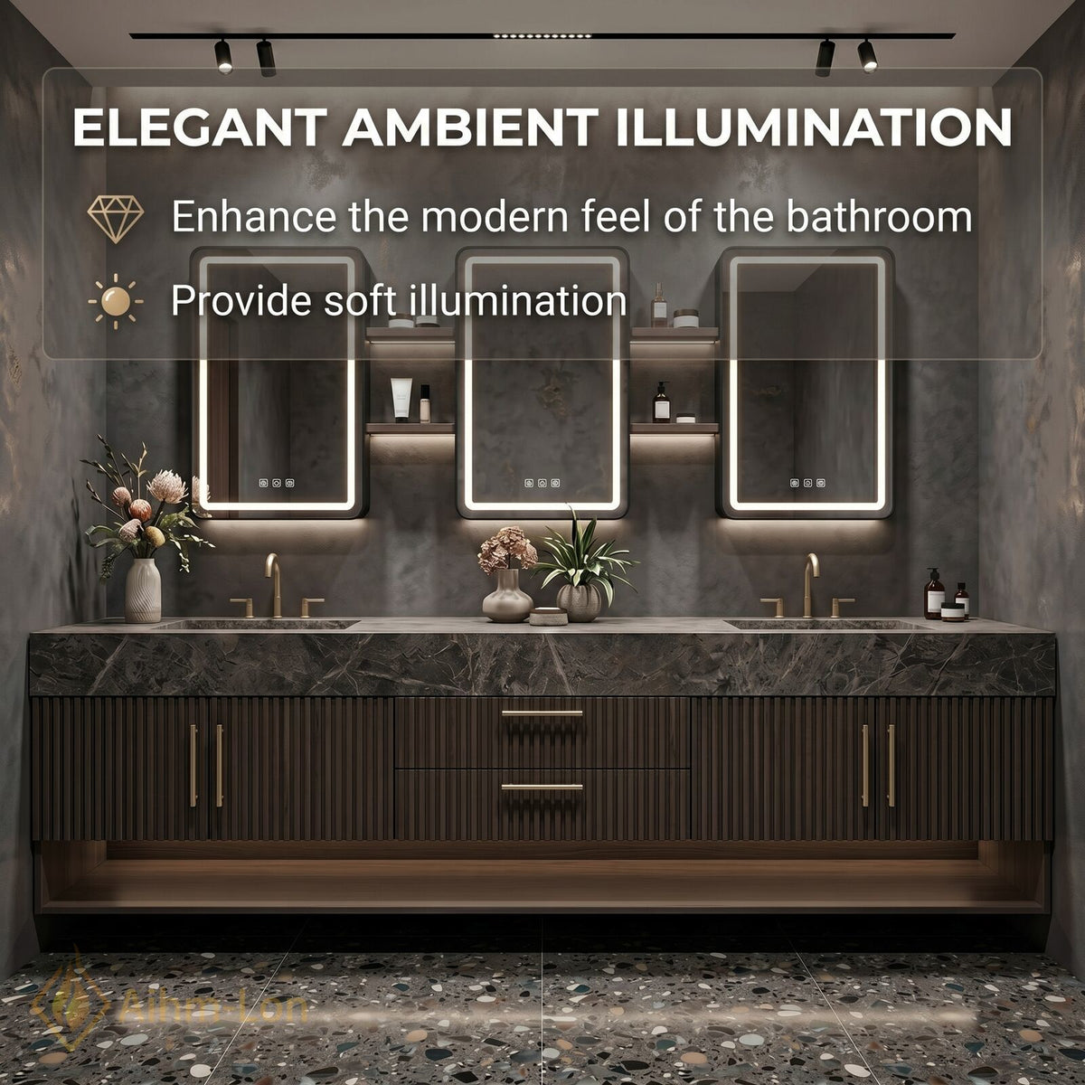 78''-96'' Double Bathroom Vanity with Sink Vertical Slat Wood Panels Dark Marble