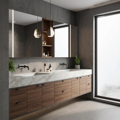 70''-96'' Modern Bathroom Vanity with Sink Double Sink Walnut Finish Slatted Panel Cabinet