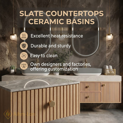 78''-96'' Double Bathroom Vanity with Sink Slatted Front Spacious Counter Cabinet