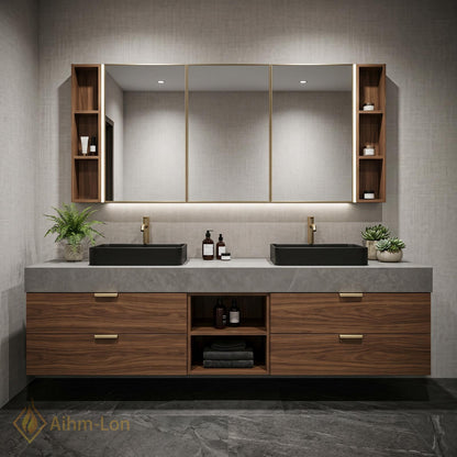 60''-96'' Double Bathroom Vanity with Sink Floating Grey Stone Top Walnut Drawers