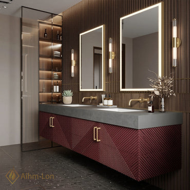 60''-96'' Double Bathroom Vanity with Sink Geometric Ribbed Doors Dark Stone Top