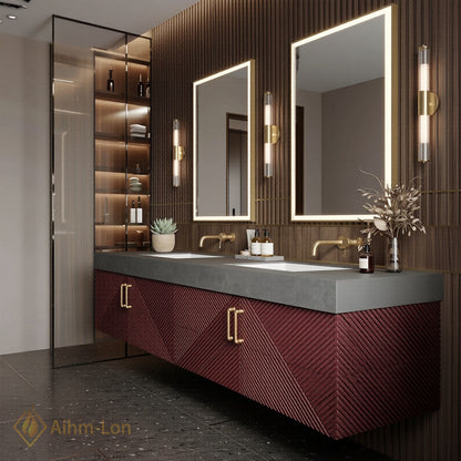 60''-96'' Double Bathroom Vanity with Sink Geometric Ribbed Doors Dark Stone Top