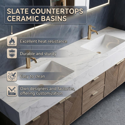 70''-96'' Modern Bathroom Vanity with Sink Floating Geometric Wood Panels Marble Countertop