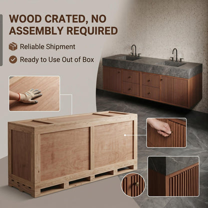 70''-96'' Modern Bathroom Vanity with Sink Double Sink Dark Stone Warm Walnut Cabinet