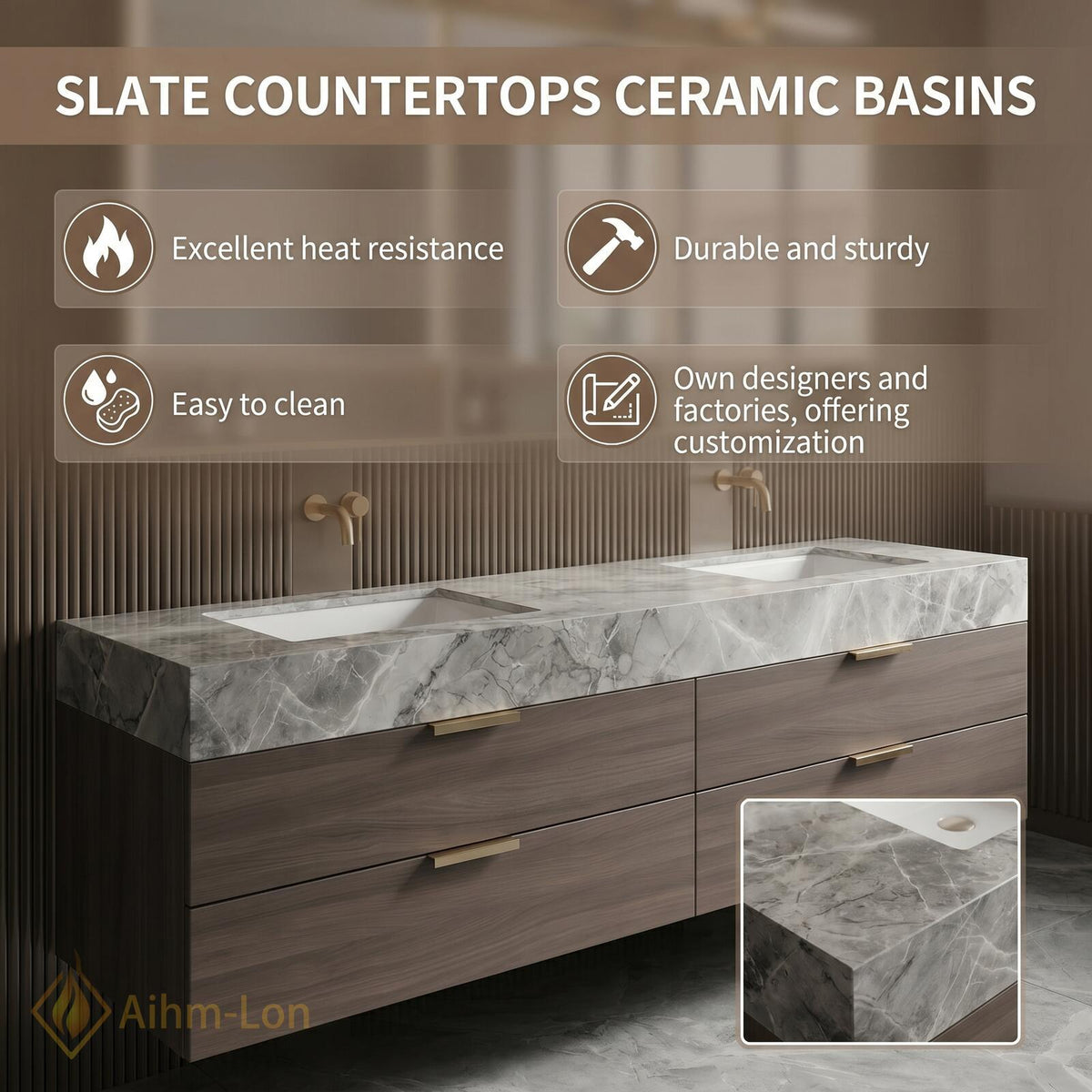 60''-96'' Double Bathroom Vanity with Sink Marble Top Warm Walnut Drawers Shelving