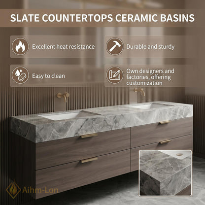 60''-96'' Double Bathroom Vanity with Sink Marble Top Warm Walnut Drawers Shelving