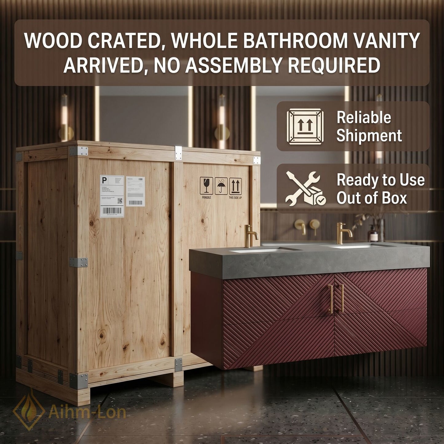 60''-96'' Double Bathroom Vanity with Sink Geometric Ribbed Doors Dark Stone Top