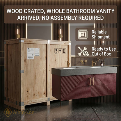60''-96'' Double Bathroom Vanity with Sink Geometric Ribbed Doors Dark Stone Top