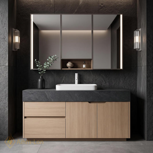36''-110'' Modern Bathroom Vanity with Sink Handleless Drawers Warm Wood Doors
