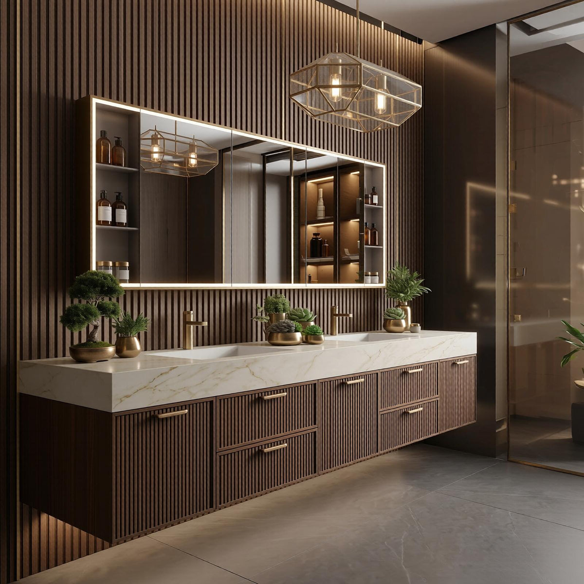 60''-96'' Modern Floating Bathroom Vanity with Sink White Marble-Look Slatted Front Panels