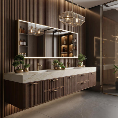 60''-96'' Modern Floating Bathroom Vanity with Sink White Marble-Look Slatted Front Panels