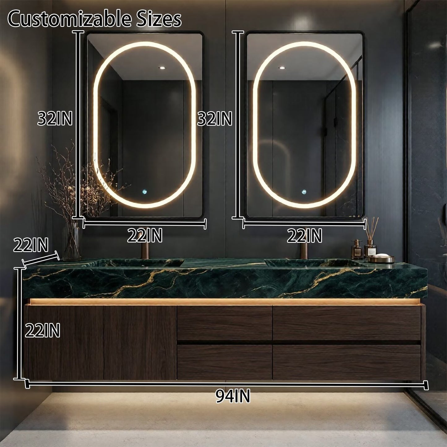 60"-96" Floating Bathroom Vanities with Double Sink Luxury Vanitys Cabinet with Smart Anti-Fog Mirror
