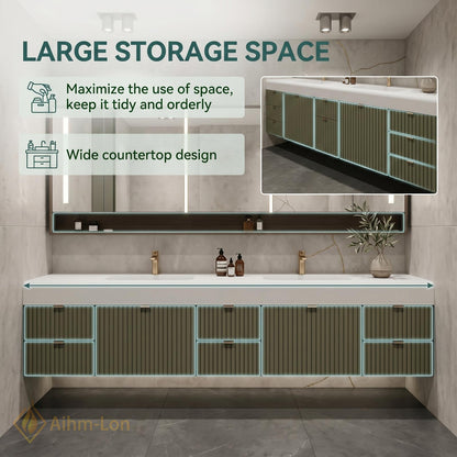 60''-96'' Double Bathroom Vanity with Sink Modern Floating Matte Green Fluted Front