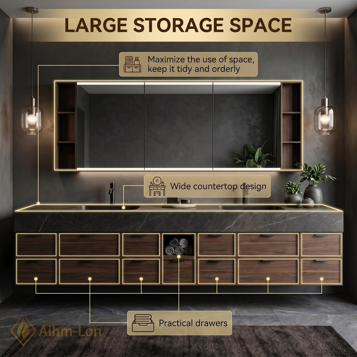 60''-96'' Double Bathroom Vanity with Sink Wall-Mounted Wood Grain Texture Deep Drawer