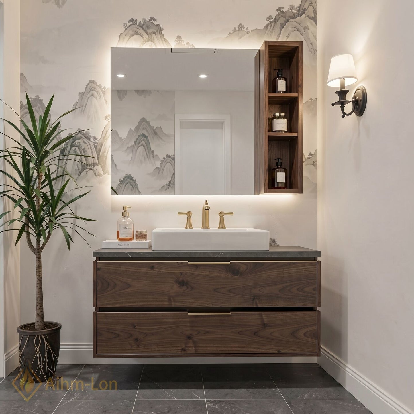 36''-64'' Modern Bathroom Vanity with Sink Floating Dark Wood Grain Smart Mirror