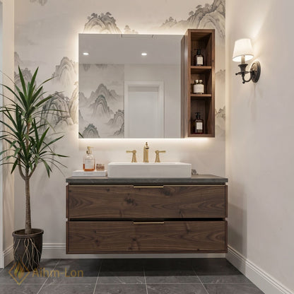36''-64'' Modern Bathroom Vanity with Sink Floating Dark Wood Grain Smart Mirror