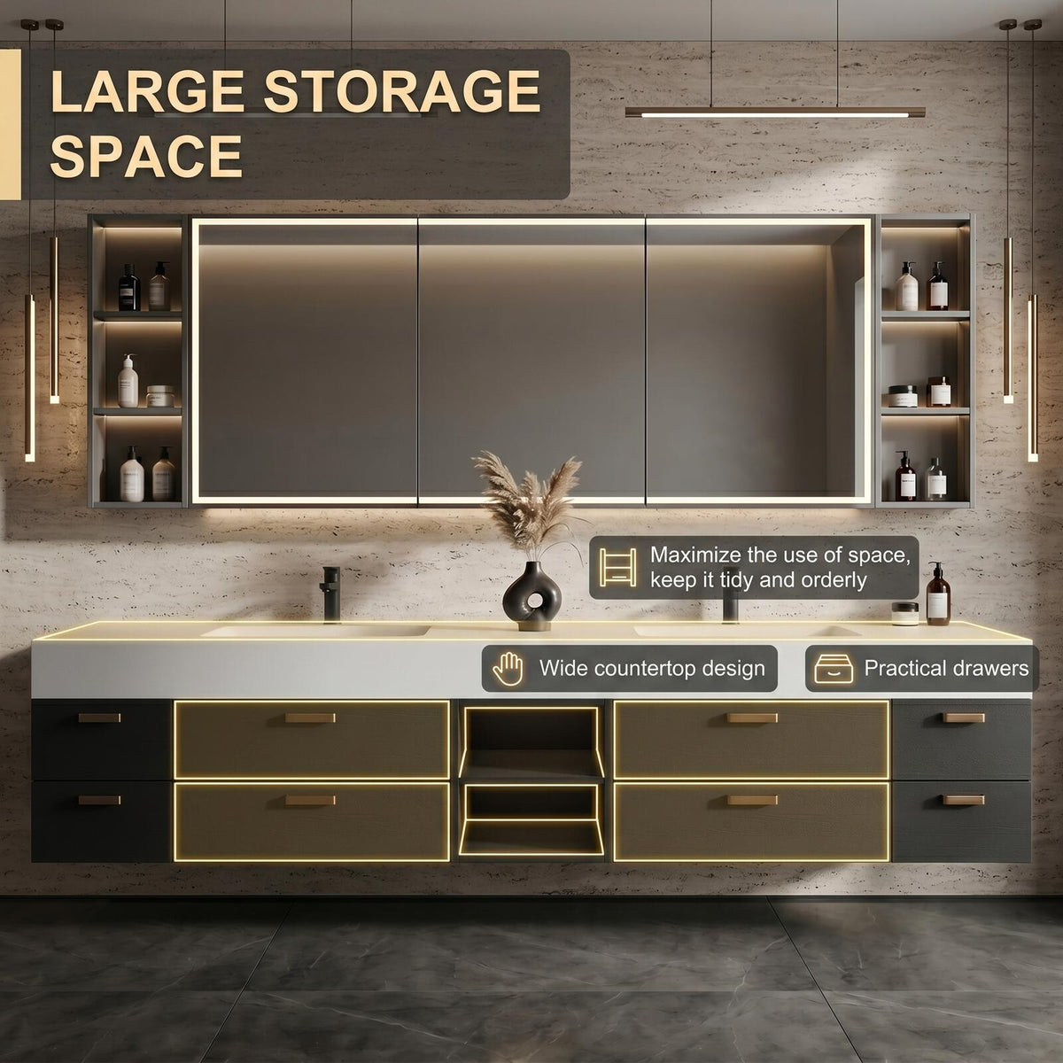 60''-96'' Double Bathroom Vanity with Sink Modern Floating Textured Grey Finish Spacious Mirror