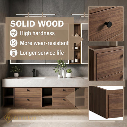 72''-96'' Double Bathroom Vanity with Sink Walnut Modern Floating Stone Countertop Open