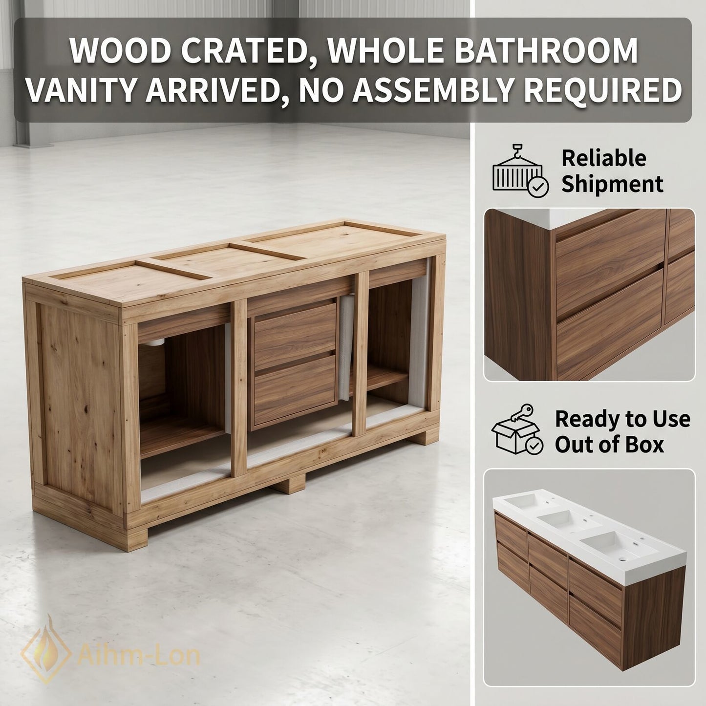 78''-96'' Modern Bathroom Vanity with Sink Triple Floating Dark Wood Grain Mirror Set