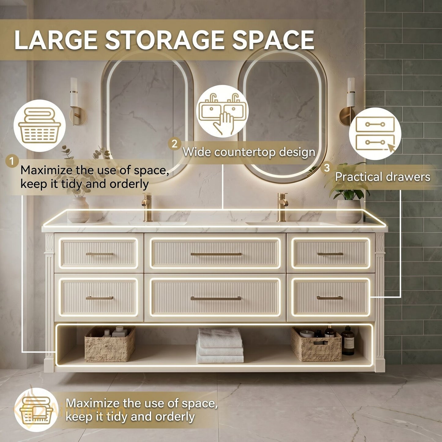 70''-96'' Double Bathroom Vanity with Sink Fluted Panel Drawers Open Shelf Cabinet