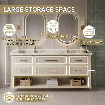 70''-96'' Double Bathroom Vanity with Sink Fluted Panel Drawers Open Shelf Cabinet