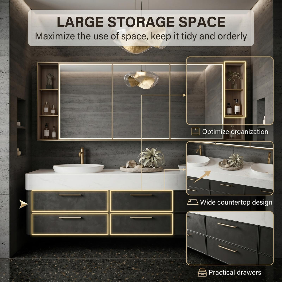60''-96'' Double Bathroom Vanity with Sink Modern Floating Stone-Like Finish Deep Drawers