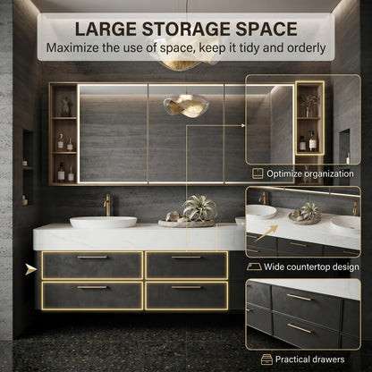 60''-96'' Double Bathroom Vanity with Sink Modern Floating Stone-Like Finish Deep Drawers