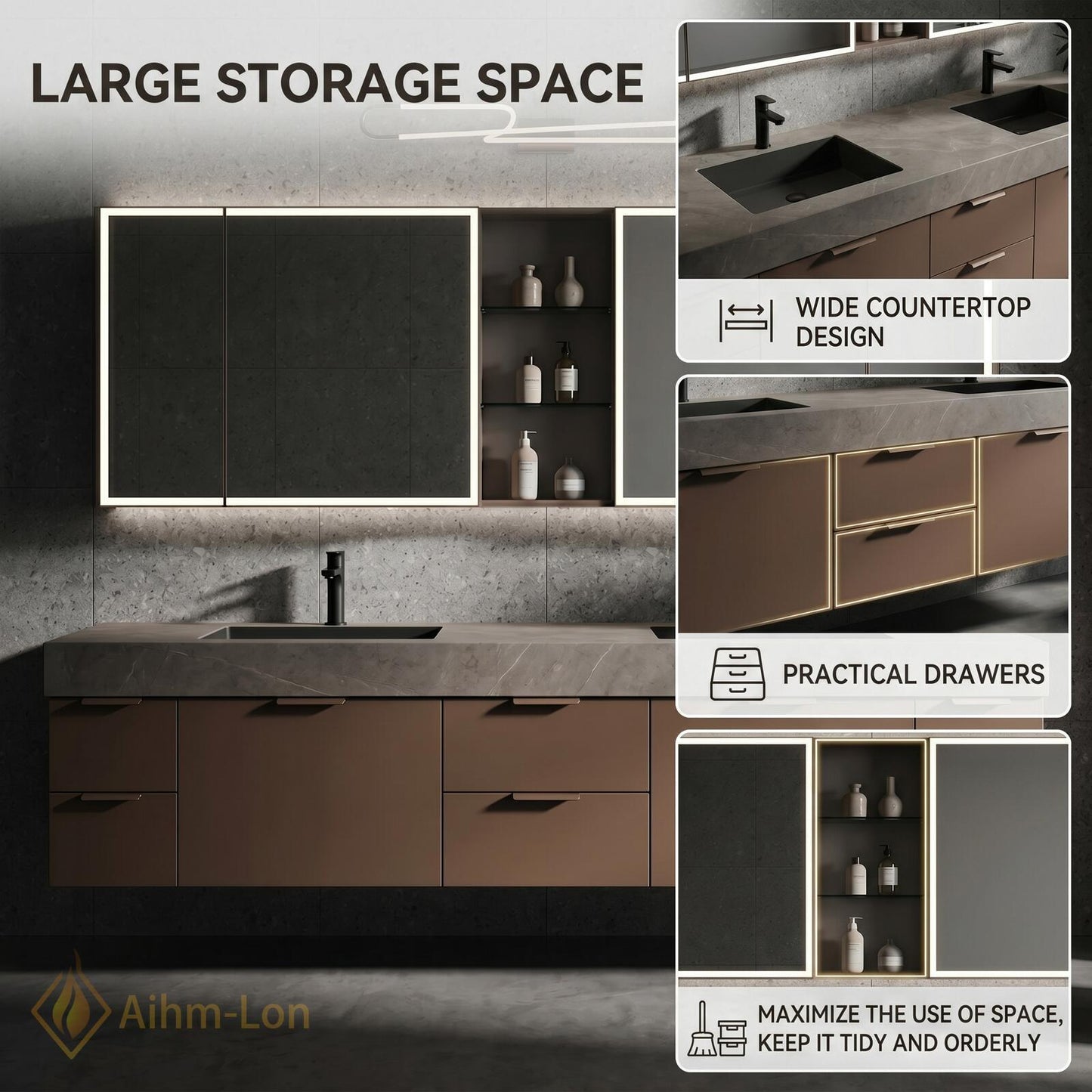 70''-96'' Modern Floating Bathroom Vanity with Sink Open Mirror Matte Taupe Finish