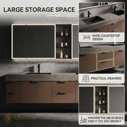 70''-96'' Modern Floating Bathroom Vanity with Sink Open Mirror Matte Taupe Finish