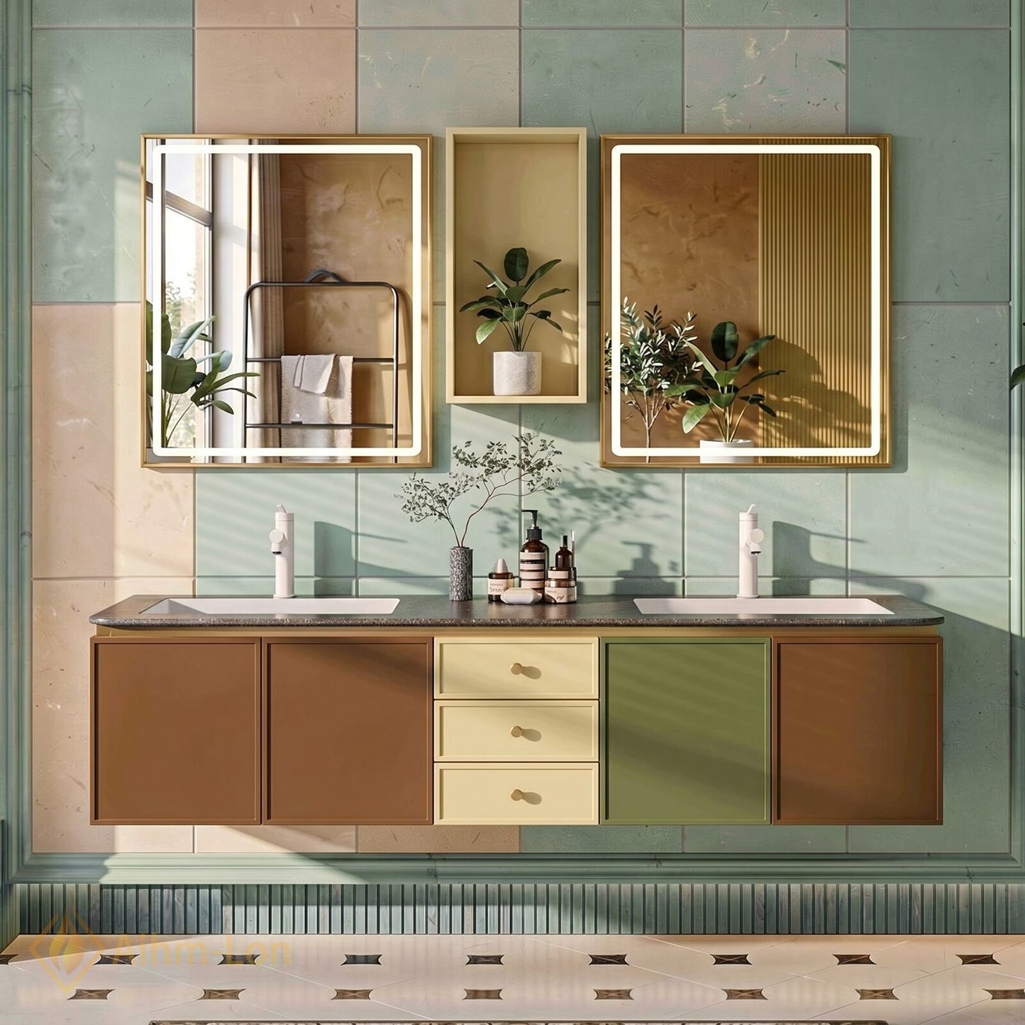 60''-96'' Double Bathroom Vanity with Sink Multicolor Doors Wall Mounted Stone Cabinet