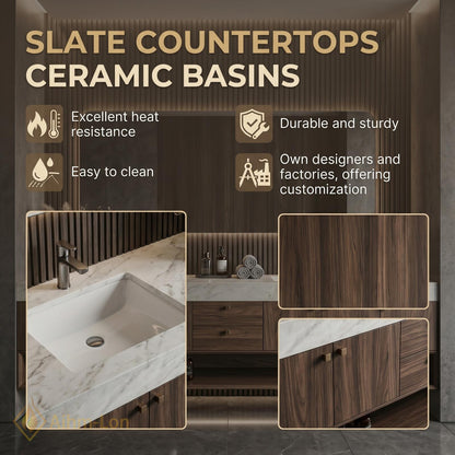 76''-96'' Double Bathroom Vanity with Sink Dark-Walnut Slatted-Panel Elegant Finish