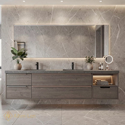 70''-96'' Modern Bathroom Vanity with Sink Floating Dark Wood Grey Stone LED Mirror