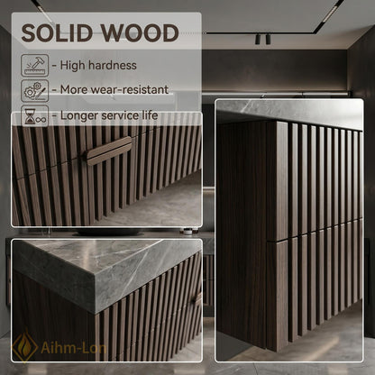 60''-96'' Double Bathroom Vanity with Sink Dark Stone Slatted Front Wide Shelving