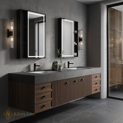 60''-96'' Double Bathroom Vanity with Sink Oak Finish Stone Countertop Storage