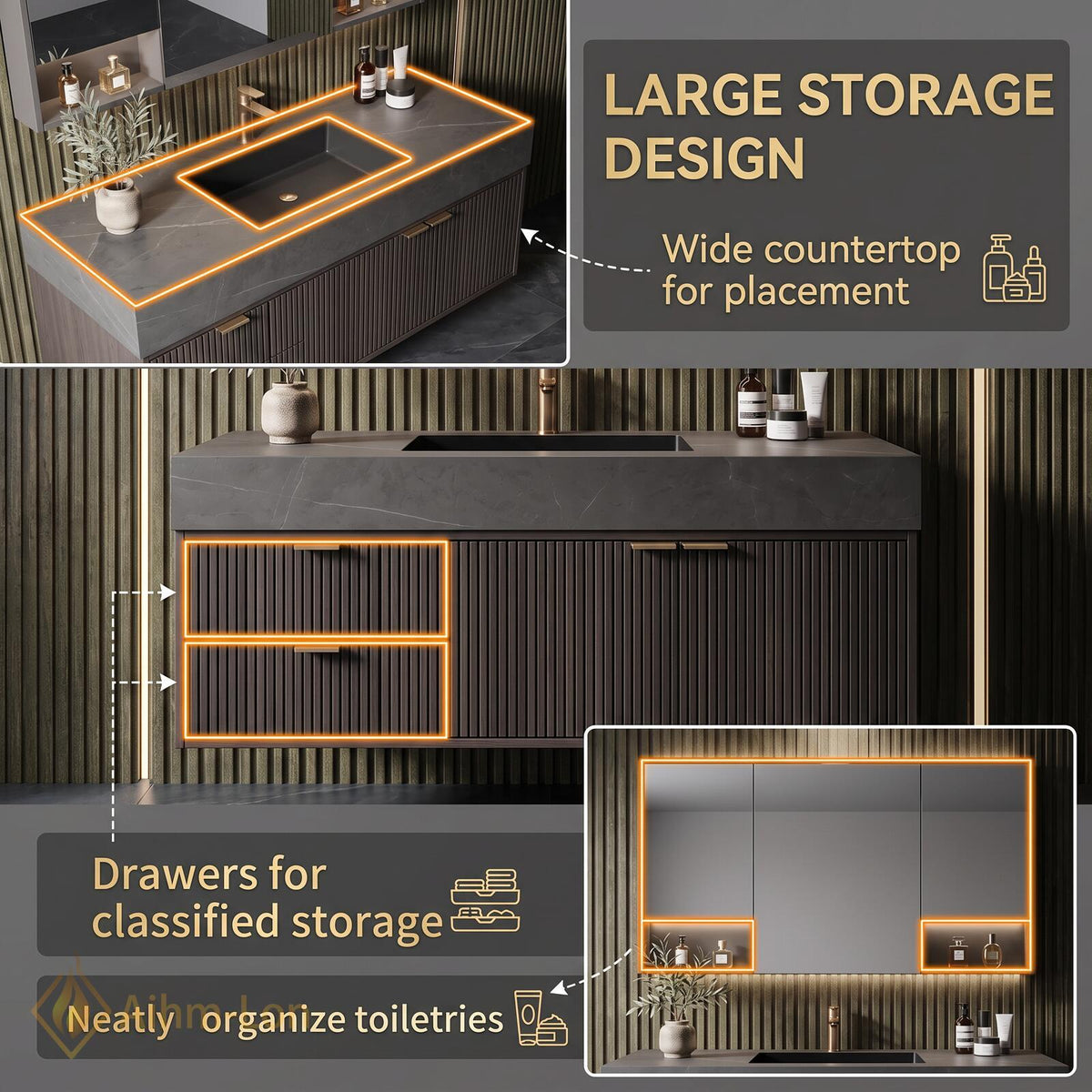 36''-110'' Bathroom Vanity with Sink Modern Ribbed Front Dark Sintered Stone