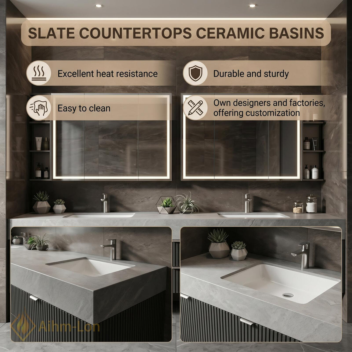 60''-96'' Bathroom Vanity with Sink Floating Stone Top Slatted Front Mirror Cabinets