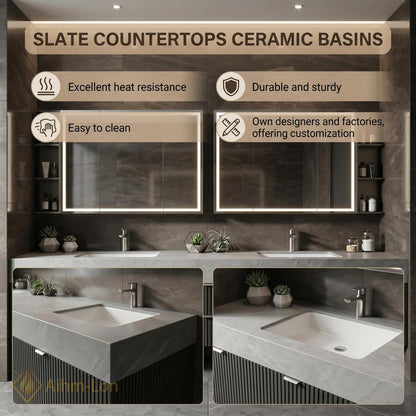 60''-96'' Bathroom Vanity with Sink Floating Stone Top Slatted Front Mirror Cabinets