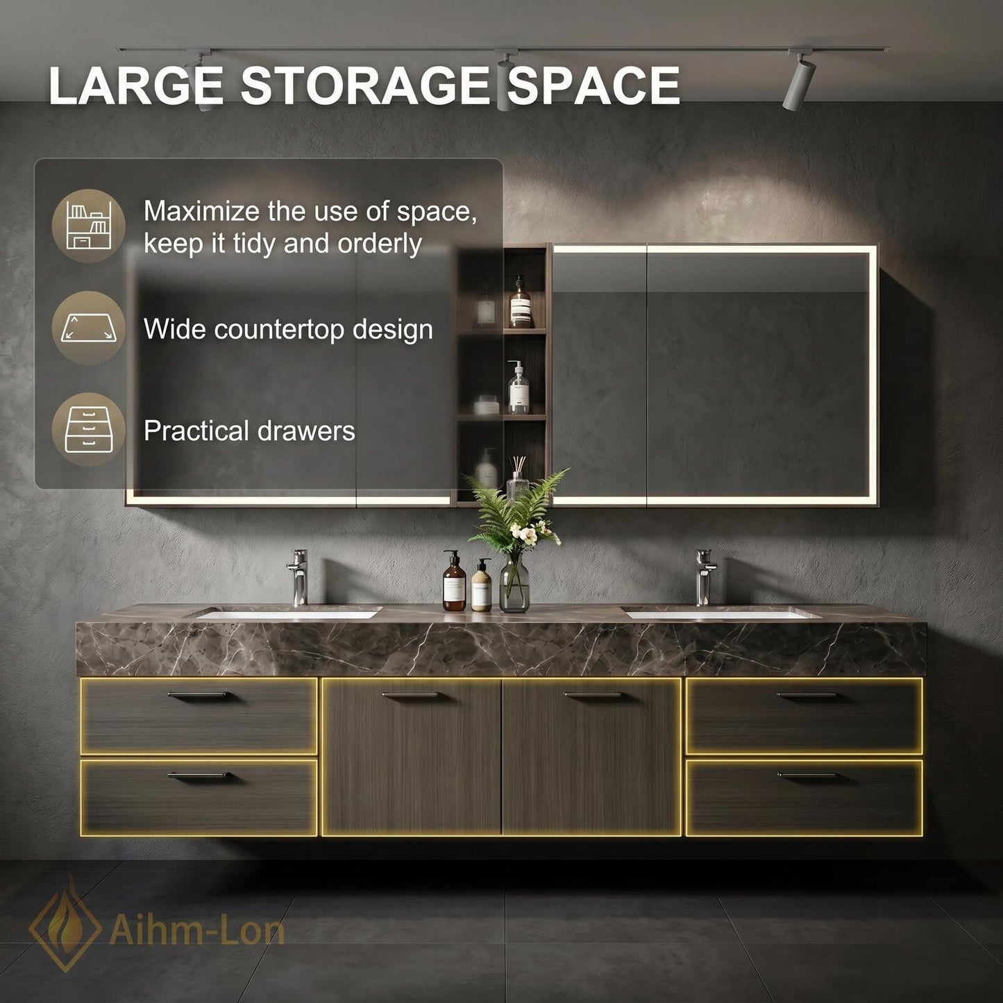 60''-96'' Double Bathroom Vanity with Sink Sleek Floating Dark Grey Stone Mirror