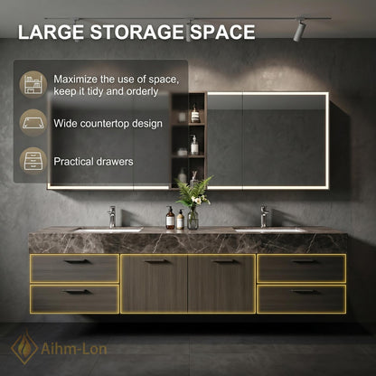 60''-96'' Double Bathroom Vanity with Sink Sleek Floating Dark Grey Stone Mirror