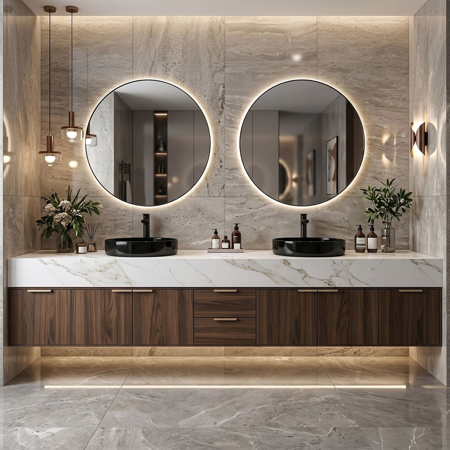70''-96'' Double Bathroom Vanity with Sink Marble Top Wood-Grain Base Backlit Mirrors