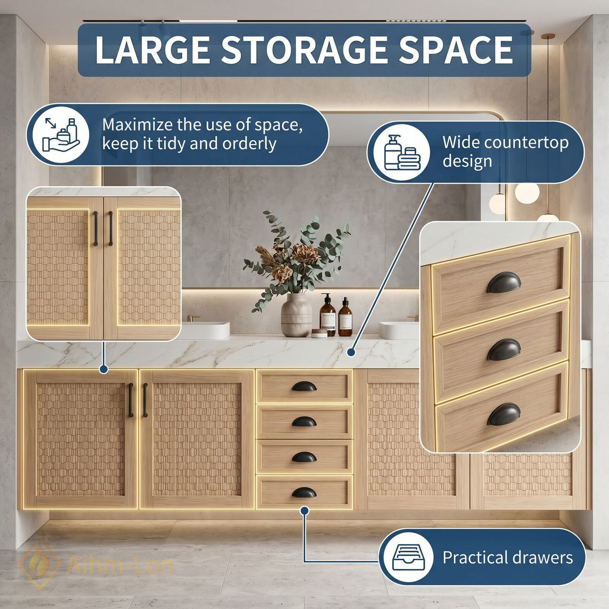 60''-96'' Double Bathroom Vanity with Sink Woven Texture Doors Marble Top Shelving