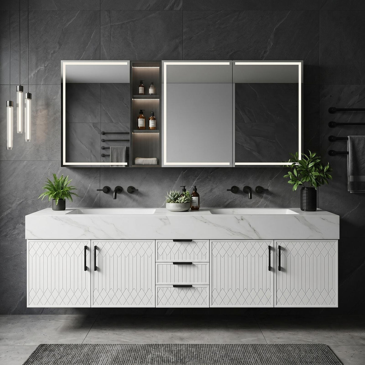 60''-96'' Double Bathroom Vanity with Sink Modern Floating Geometric Panel Marble-Style Top