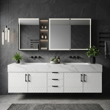 60''-96'' Double Bathroom Vanity with Sink Modern Floating Geometric Panel Marble-Style Top