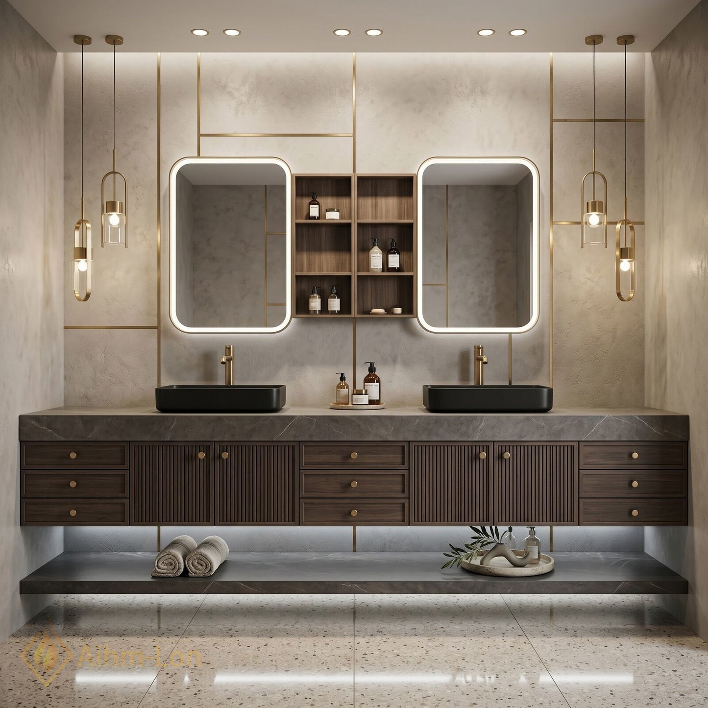 76''-96'' Double Bathroom Vanity with Sink Grey-Marble Grey Modern Slatted Vanities Top