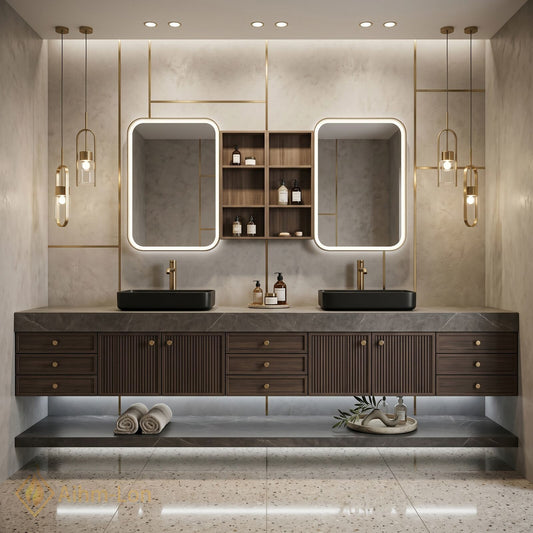 76''-96'' Double Bathroom Vanity with Sink Grey-Marble Grey Modern Slatted Vanities Top